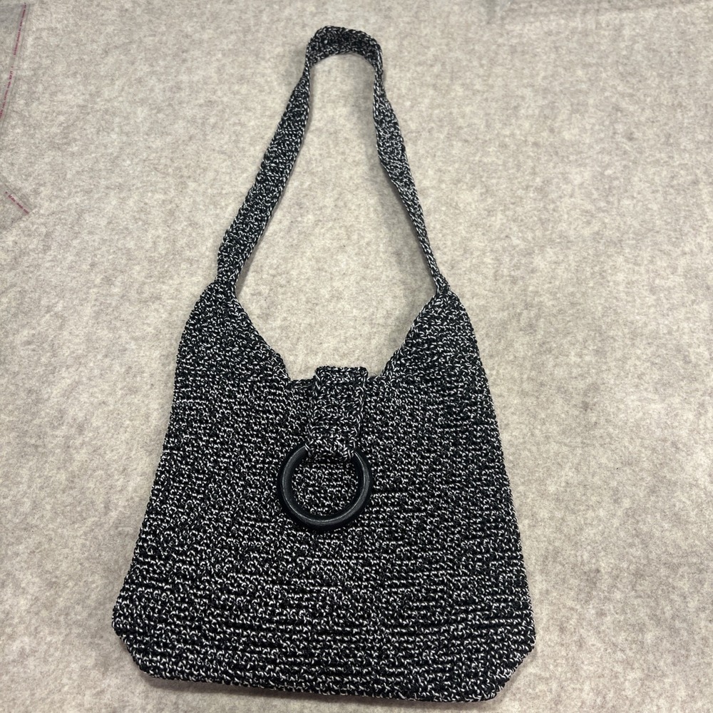 Y2K Woven Black White Handbag Ring Detail Hobo Boho Hippie Festival Purse